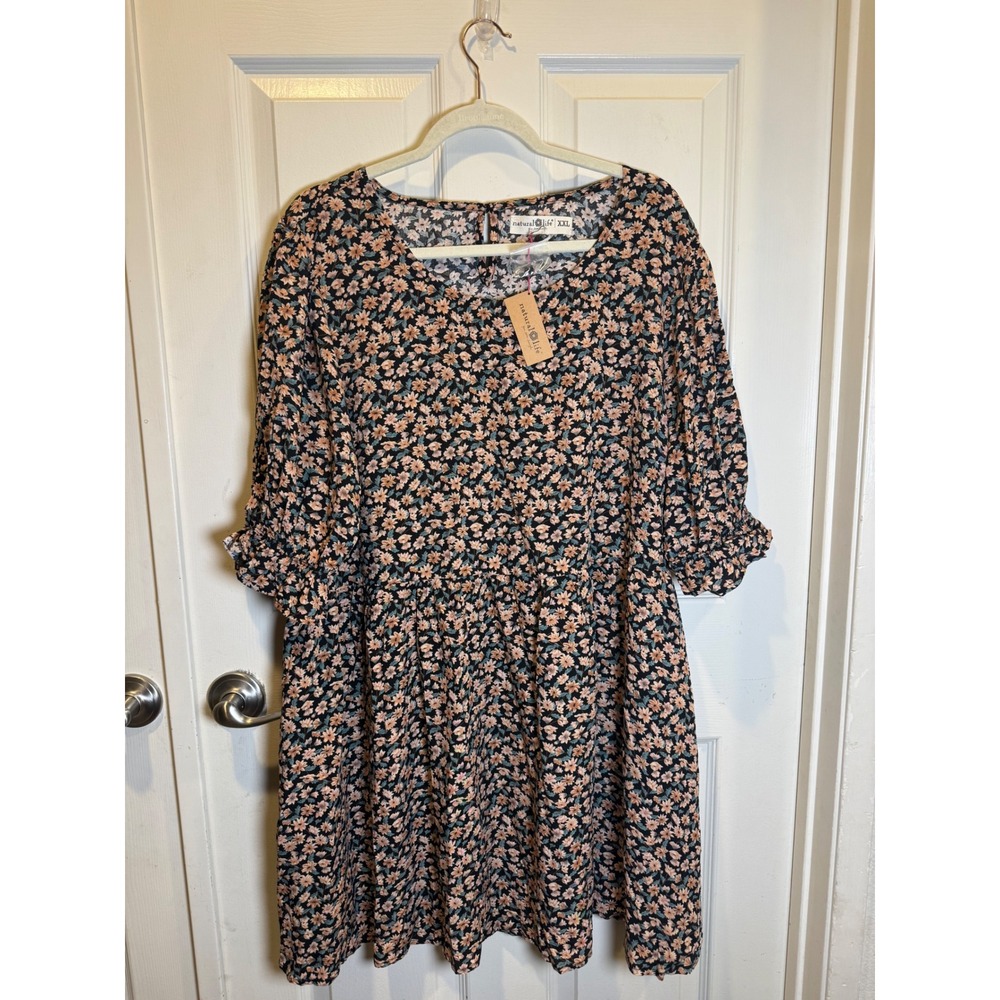 Natural Life Floral Babydoll Mini Dress Black Peach Daisy Puff Sleeve Size XXL